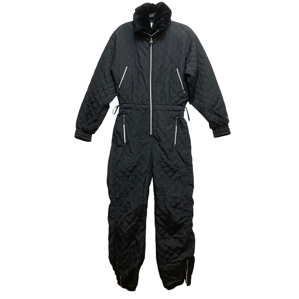 Obermeyer Ski Suit Womens 12 Tall Black Naomi Quilted Insulated Faux Fur VTG